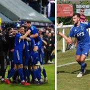 Darvel celebrate their win on Monday (left) and (right) Chris McGowan in action in the Scottish Cup earlier this season