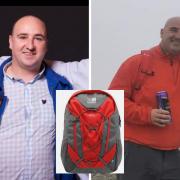 Andrew Linton (left and right) has now been missing for one week and (inset) the distinctive bag it is believed he may be wearing.