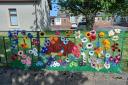 The colourful knits on display outside Dreghorn Library.