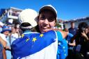 Carlota Ciganda celebrates winning her singles match to ensure Europe would retain the Solheim Cup (John Walton/PA)