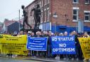 Everton fans protest outside Goodison Park.