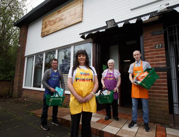 Irvine Times: Pollok Pantry manager Tracy Galligan, second from left pictured with volunteers, from left - Grant McMillan, Tracy, Julia Allan and Darren Montgomery