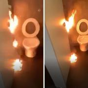 Screen shots from a video showing a fire being wilfully started in a Dreghorn school toilet