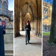 Mikey, dressed in an outfit inspired by Scottish gothic fiction, proudly walking around the grounds of Glasgow University.