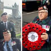 Alastair on a trip to London with carer Willie and, right, laying a wreath at the Cenotaph