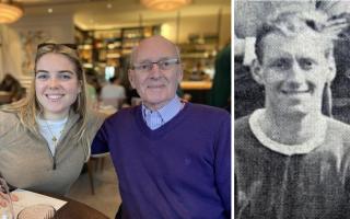 Arthur Paterson (left) now alongside his granddaughter Nina and (right) back in his playing days.