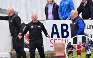 Irvine Meadow boss Kevin Deeney (centre) was frustrated by a missed penalty call on Saturday (inset) but refused to blame it for their 4-0 loss to Beith.